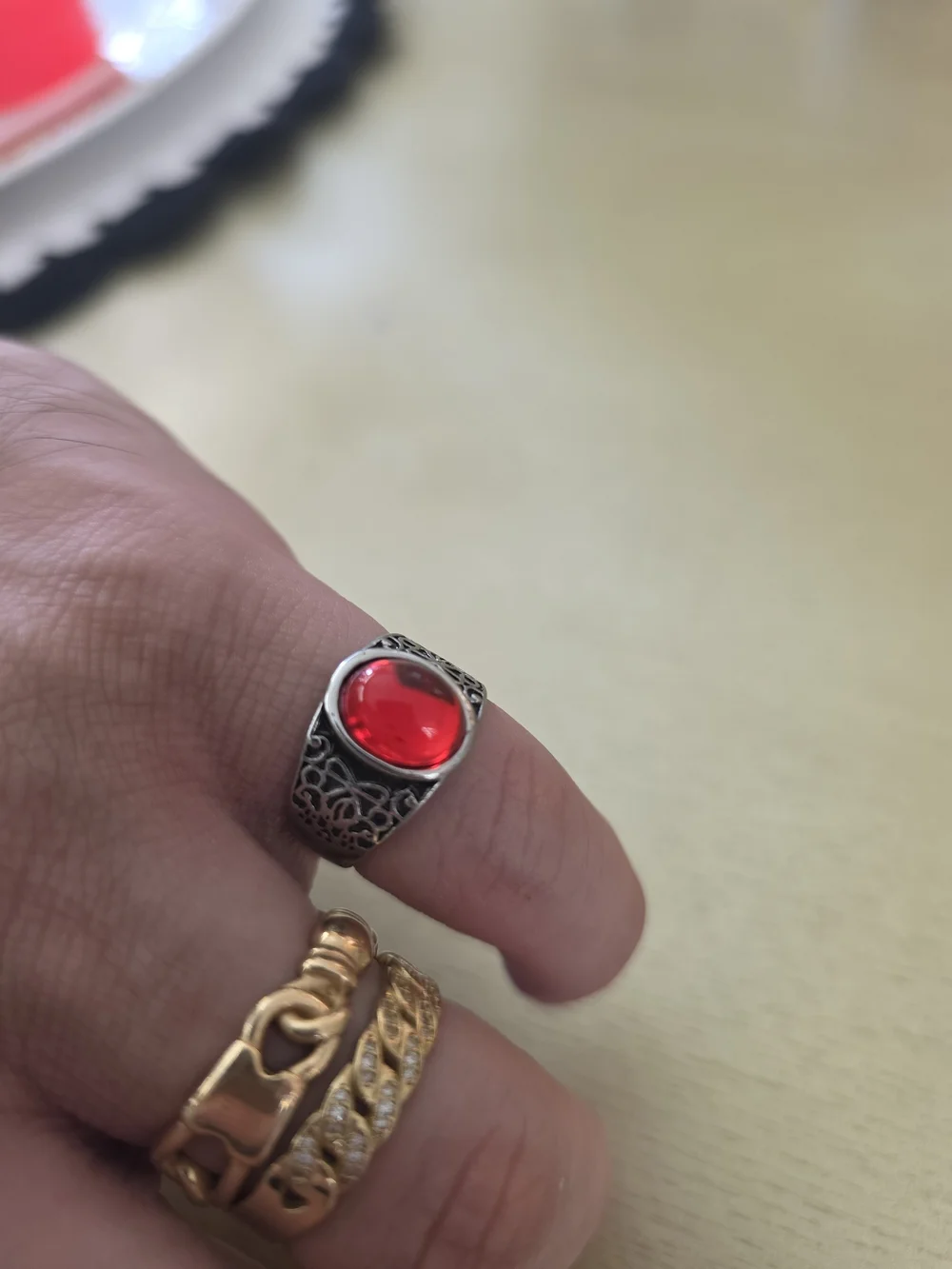 Silver Ring with Red Cabochon Gemstone